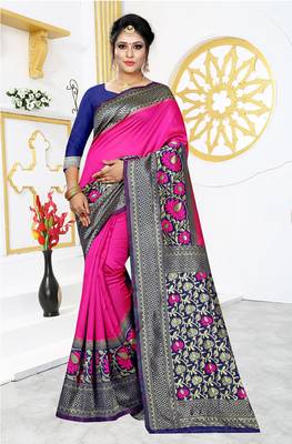 Pink woven banarasi art silk saree with blouse 1