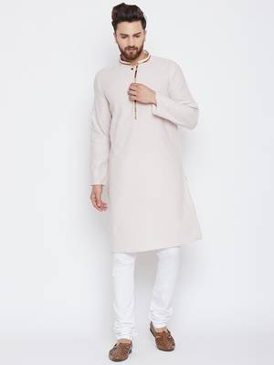 Beige woven pure cotton kurta-pajama 2