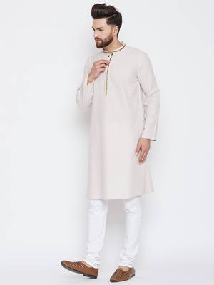 Beige woven pure cotton kurta-pajama 3