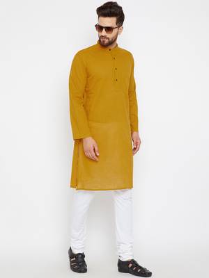 Yellow woven pure cotton kurta-pajama 1