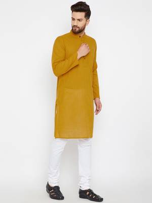 Yellow woven pure cotton kurta-pajama 3