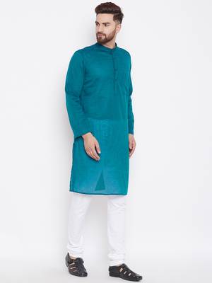 Green woven pure cotton kurta-pajama 3
