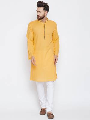 Yellow woven pure cotton kurta-pajama 1