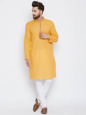 Yellow woven pure cotton kurta-pajama 2