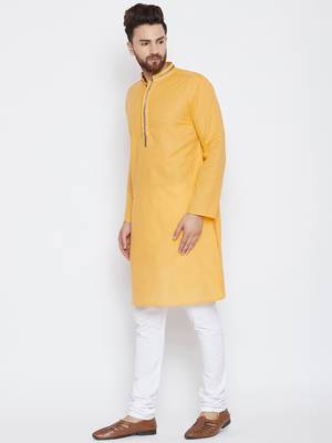 Yellow woven pure cotton kurta-pajama 3