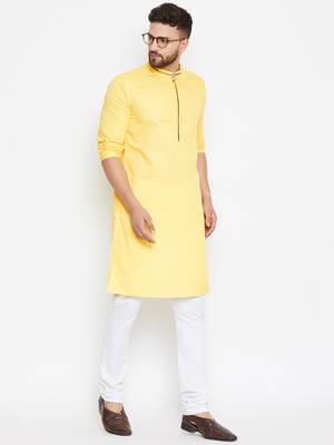 Yellow woven pure cotton kurta-pajama 1