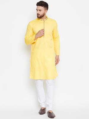 Yellow woven pure cotton kurta-pajama 2