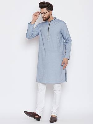 Blue woven pure cotton kurta-pajama 1