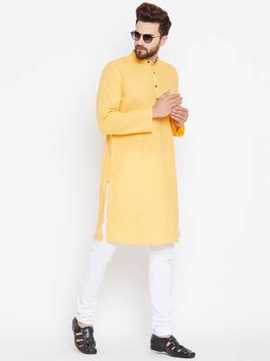 Yellow woven pure cotton kurta-pajama 1