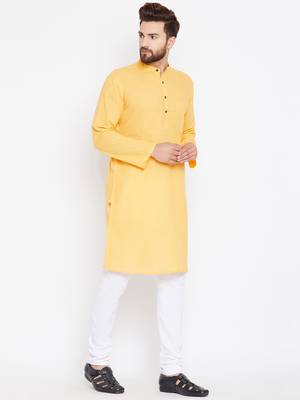 Yellow woven pure cotton kurta-pajama 3
