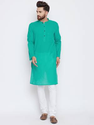 Turquoise woven pure cotton kurta-pajama 1