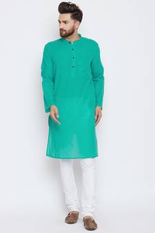 Turquoise woven pure cotton kurta-pajama