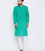 Turquoise woven pure cotton kurta-pajama