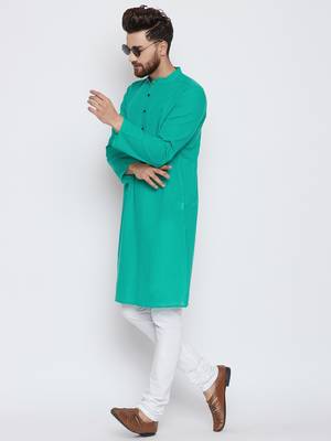 Turquoise woven pure cotton kurta-pajama 2