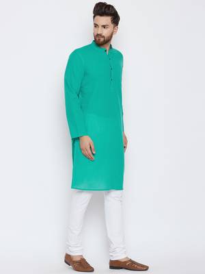 Turquoise woven pure cotton kurta-pajama 3