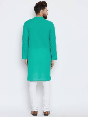 Turquoise woven pure cotton kurta-pajama 4