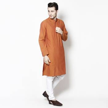 Orange woven pure cotton kurta-pajama 3