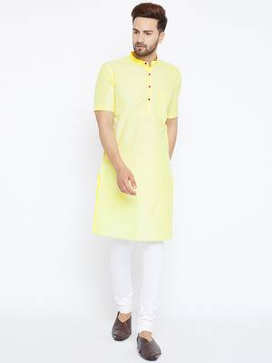 Yellow woven pure cotton kurta-pajama 2