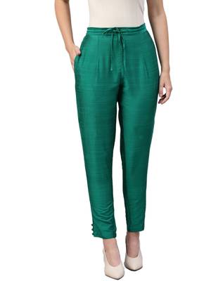 Women Dark Green Polysilk Solid Trouser 1