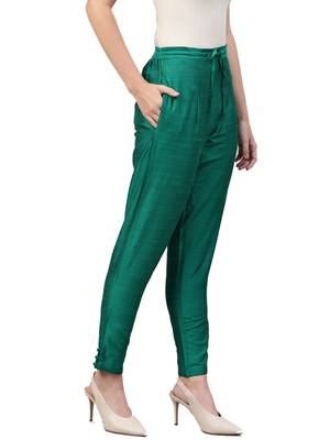 Women Dark Green Polysilk Solid Trouser 3