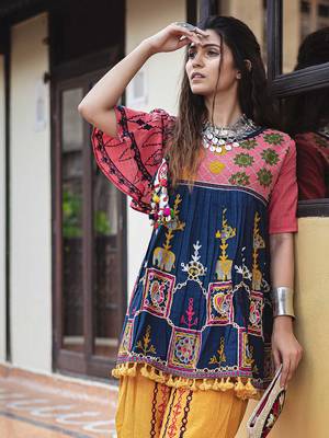 Navy blue khadi Embroidered kedia With one size sleeve and  tulip pants set 3