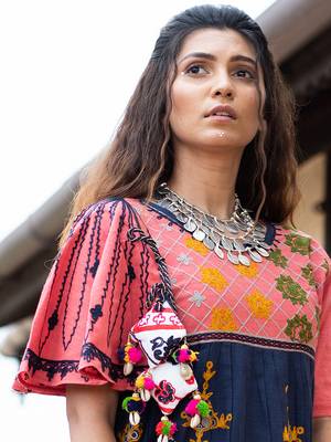 Navy blue khadi Embroidered kedia With one size sleeve and  tulip pants set 4