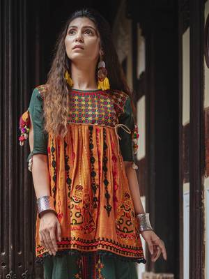 Green and Orange Cotton Thread Work Woven Kurta and Tulip Pants Set 3