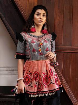 Peach And Grey Yoke Tiny Chandilier Embroidered Khadi Kedia And Black Tulip Pants Set 2