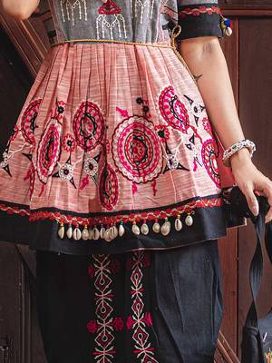 Peach And Grey Yoke Tiny Chandilier Embroidered Khadi Kedia And Black Tulip Pants Set 3