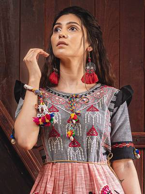 Peach And Grey Yoke Tiny Chandilier Embroidered Khadi Kedia And Black Tulip Pants Set 4