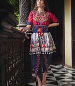Red Yoke And Parrot Motif Panel Embroidered Kedia And Navy Blue Tulip Pants Set
