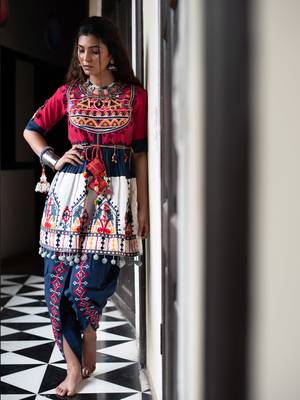 Red Yoke And Parrot Motif Panel Embroidered Kedia And Navy Blue Tulip Pants Set 3