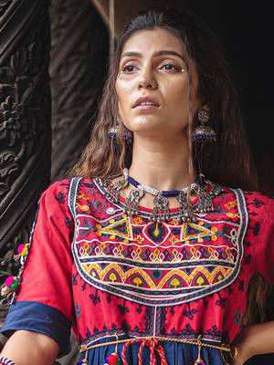 Red Yoke And Parrot Motif Panel Embroidered Kedia And Navy Blue Tulip Pants Set 4