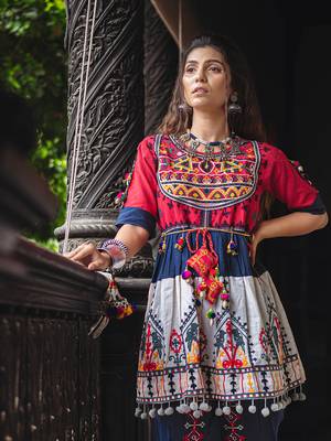 Red Yoke And Parrot Motif Panel Embroidered Kedia And Navy Blue Tulip Pants Set 5