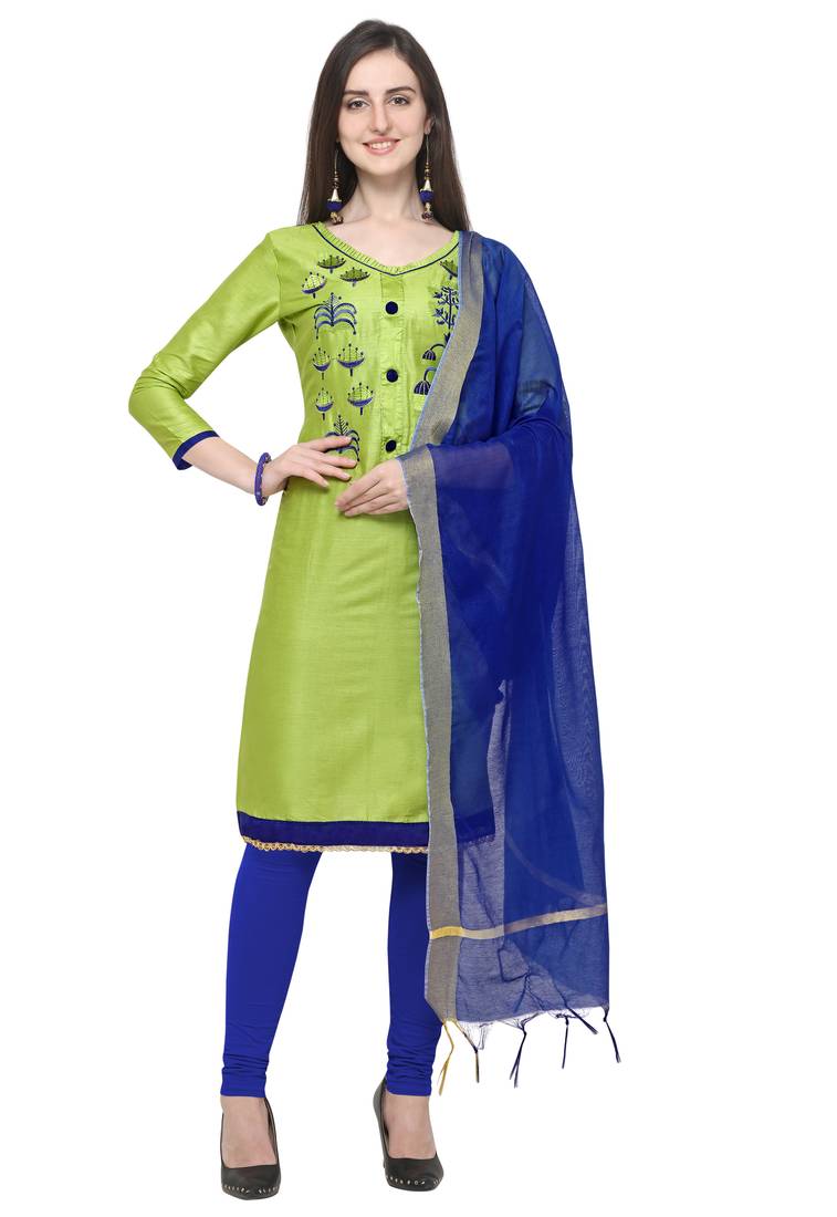 Blissta Light Green & Blue Color Cambric Cotton Unstitched Salwar Suit -  Blissta - 3048054
