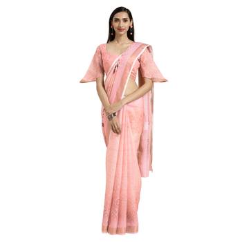 Peach printed cotton saree with blouse 1