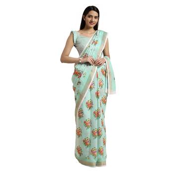 Green printed cotton saree with blouse 1