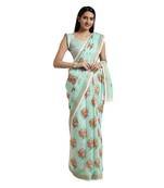 Green printed cotton saree with blouse