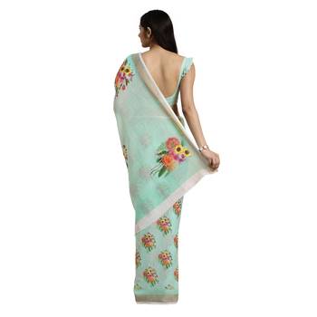 Green printed cotton saree with blouse 2