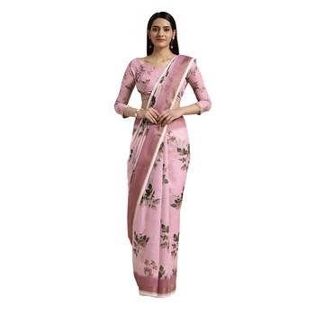 Pink printed cotton saree with blouse 1