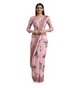 Pink printed cotton saree with blouse