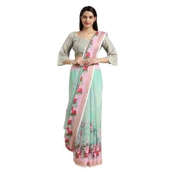 Green printed cotton saree with blouse 1