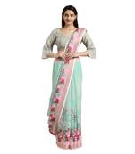 Green printed cotton saree with blouse