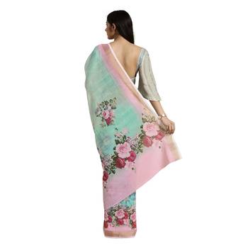 Green printed cotton saree with blouse 2