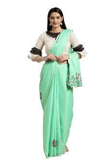 Green Printed Silk Blend Saree With Blouse