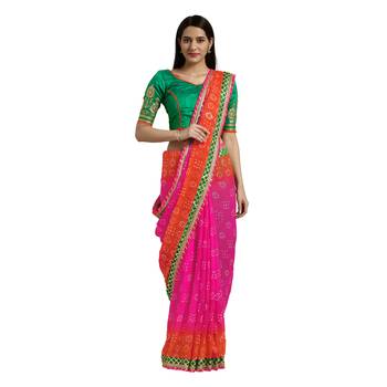 Pink printed georgette saree with blouse 1