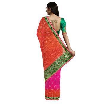 Pink printed georgette saree with blouse 2