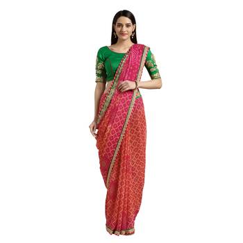 Pink printed georgette saree with blouse 1