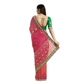 Pink printed georgette saree with blouse 2
