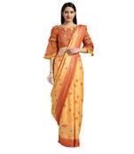 Yellow printed silk blend saree with blouse